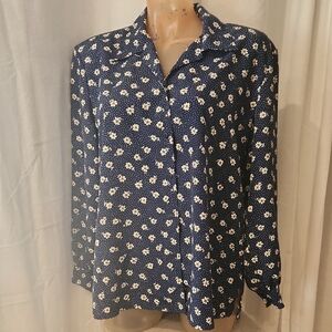 VINTAGE Tan Jay Navy Floral Button Down Shirt Shoulder Pads